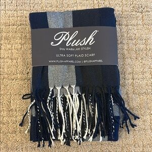 Plush Navy and White Plaid Scarf